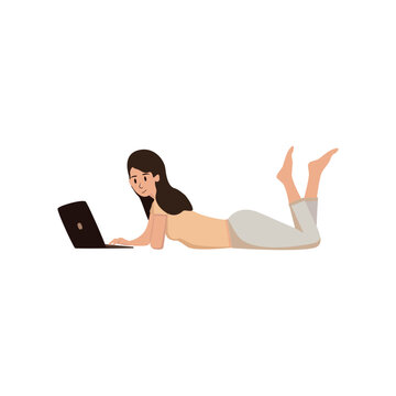 woman flat style lying on white background with laptop vector