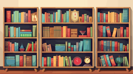 Three wooden bookshelves with various books flat se