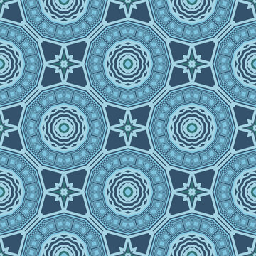Seamless pattern with ornamented circles. Blue palette. Vector illustration