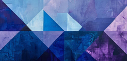  Intricate Swiss geometry with intersecting royal blue rectangles and soft lilac triangles on a dynamic canvas. - obrazy, fototapety, plakaty