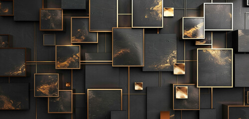 Abstract golden squares arranged in a captivating geometric design on a sleek black tileable...
