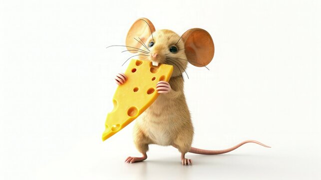 A close-up of a mouse standing on its hind legs, holding a piece of cheese in its front paws. 