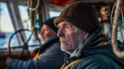 Fototapeta na wymiar Elderly fisherman, adorned in weathered gear, steers his boat with a look of contemplation, the open sea stretching beyond.