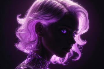 Artistic portrait of a young woman against a background of neon lights. Close-up.