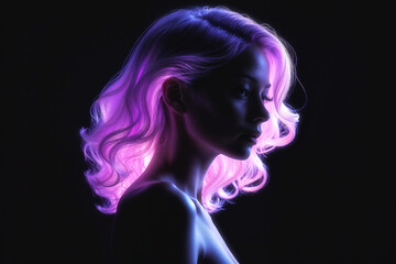 Artistic portrait of a young and defenceless woman against a backdrop of neon lights. Her hair glows with soft pink light.