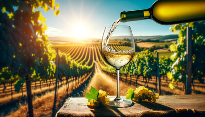 glass with white wine being poured into it, set against a vineyard landscape