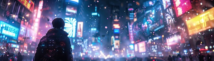 Fototapeta na wymiar Cyborg, futuristic armor, human-machine fusion, walking through a neon-lit cityscape filled with holographic billboards, under a starry night sky