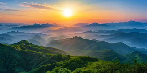 Zelfklevend Fotobehang Mistige ochtendstond sunrise in the mountains