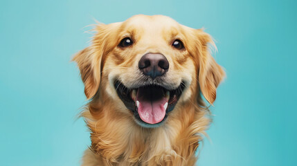 Happy golden retriever dog on blue background