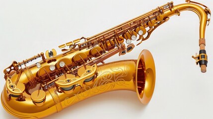 Obraz premium A polished brass saxophone rests isolated on a clean white background, perfect for advertising musical instruments or jazz-themed promotions.