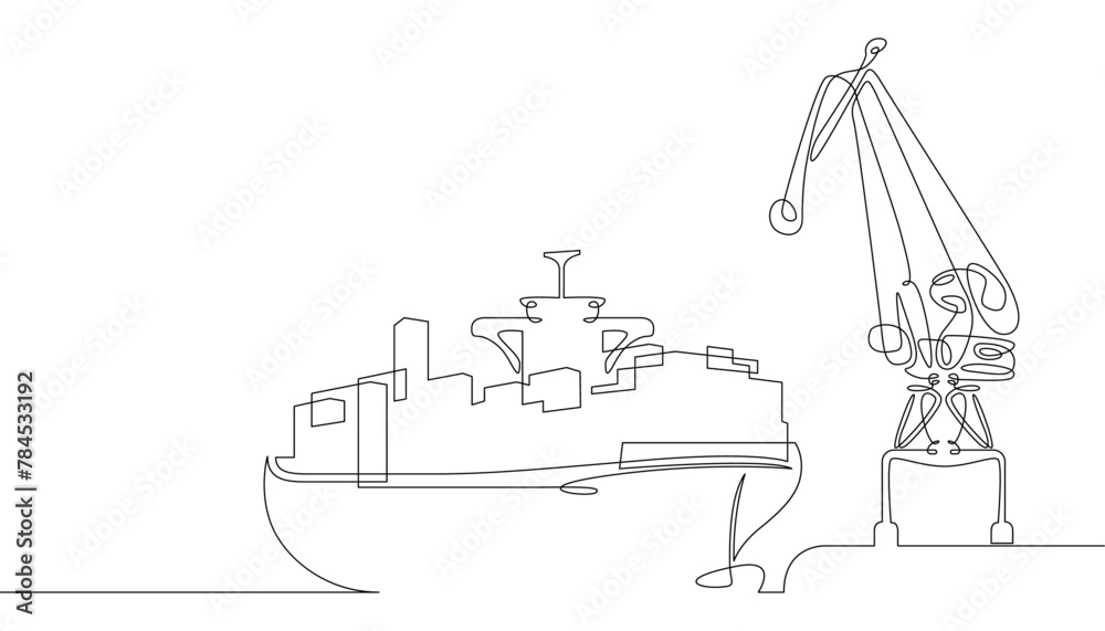 Poster one continuous line. cargo seaport. pier with loading cranes. unloading arrived cargoes. port dock. 