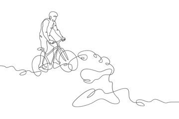 Fototapeta premium One continuous line. Cyclist on a bike in the mountains. Mountain bike. Extreme sport.Man cyclist.One continuous line drawn isolated, white background.