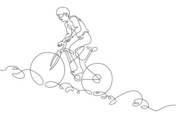 One continuous line. Cyclist on a bike in the mountains. Mountain bike. Extreme sport.Man cyclist.One continuous line drawn isolated, white background.