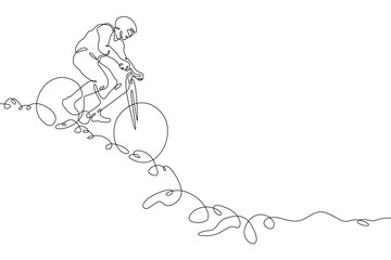One continuous line. Cyclist on a bike in the mountains. Mountain bike. Extreme sport.Man cyclist.One continuous line drawn isolated, white background. - obrazy, fototapety, plakaty