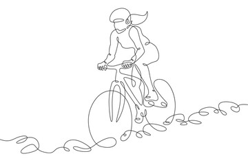One continuous line. Cyclist on a bike in the mountains. Mountain bike. Extreme sport.Woman cyclist.One continuous line drawn isolated, white background. - obrazy, fototapety, plakaty