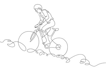 Fototapeta na wymiar One continuous line. Cyclist on a bike in the mountains. Mountain bike. Extreme sport.Man cyclist.One continuous line drawn isolated, white background.