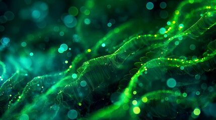 Abstract visualization of a green, glowing digital neural network with intricate connections and floating particles.