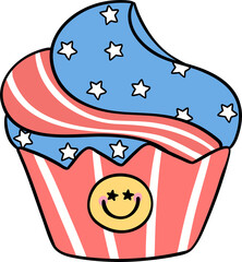 Retro Groovy 4th of July muffin Independence day festive cartoon doodle drawing
