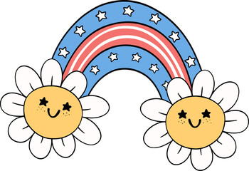 Retro Groovy 4th of July rainbow Independence day festive cartoon doodle drawing