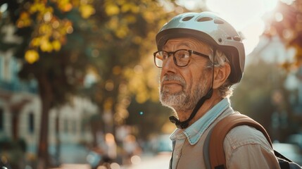 Happy senior mature man wearing helmet sitting on motor bike or scooter on urban road.