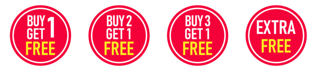 Buy Two Get One Free sale tags, Promotion discount isolated on white background, Discount speech bubble tag, Banner design template for advertising. Special offer, retail. Vector and Illustration.