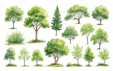 Collection of Green Trees in Watercolor Artistry