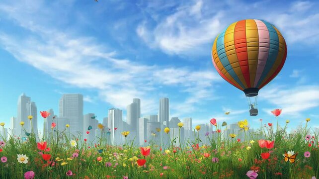 Colorful hot air balloons flying over city or landscape. seamless looping time-lapse 4K video background
