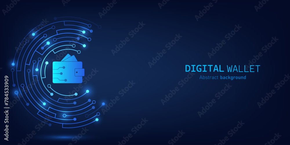 Poster Digital wallet on dark blue circuit background. Digital wallet application internet banking. Mobile banking, online finance, e-commerce, money transaction concept. Online payment. Vector illustration.