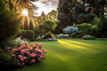 Cozy territory of a country house, neatly trimmed lawn, flowers in the rays of the setting sun.