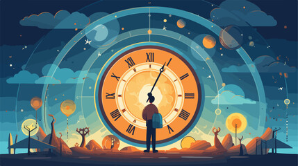 Tiny man standing next to huge clock with planet on