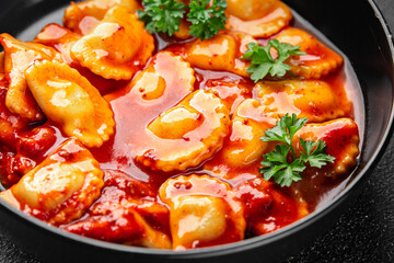 ravioli beef meat tomato sauce fresh cooking appetizer meal food snack on the table copy space food background rustic top view