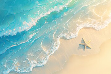 Beautiful Beach Scene with Clear Blue Sky and White Sand, Featuring a Starfish Nestled in the Soft Golden Sands. Background Blurred to Emphasize the Starfish as Focal Point.  - obrazy, fototapety, plakaty