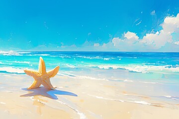 Fototapeta na wymiar Beautiful Beach Scene with Clear Blue Sky and White Sand, Featuring a Starfish Nestled in the Soft Golden Sands. Background Blurred to Emphasize the Starfish as Focal Point. 
