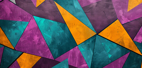 **: Striking teal triangles creating a modern Memphis pattern against a luxurious velvet violet...