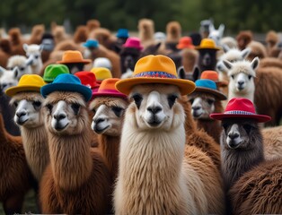 Llamas with hats of different colors. The concept of diversity and individuality.
