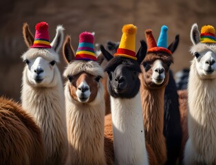 Llamas with hats of different colors. The concept of diversity and individuality.
