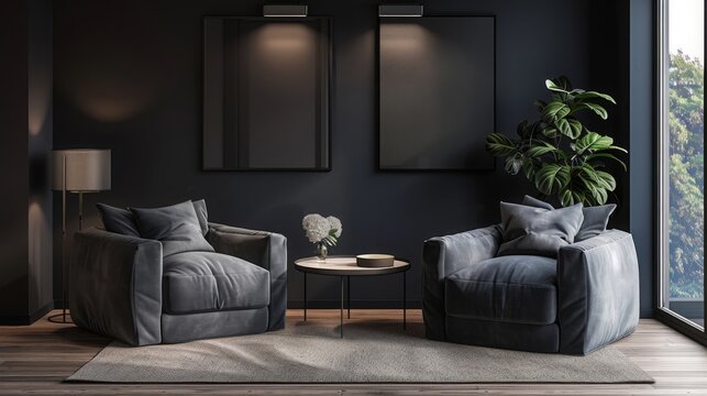 Premium living room in dark colors. Blue navy walls, lounge furniture - gray armchairs. Empty space for art or picture. Rich modern interior design office reception. Mockup room hall lobby. 3d render
