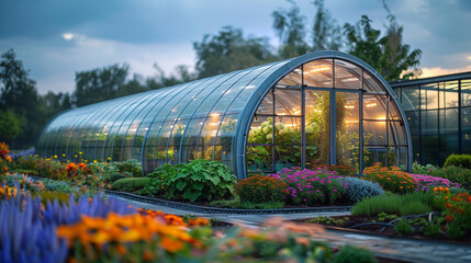 A greenhouse with a variety of plants and flowers inside