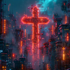 A neon cross is lit up in a cityscape