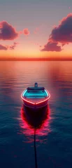 Foto op Plexiglas Boat escaping into neon horizon, break in mundane, entering Aether, wide cinematic angle, filled with wonder, dusk light , stock photographic style © Jeannaa