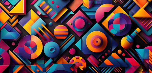  3D-effect geometric patterns with bold colors on a dark background, perfect for a modern techno business template.