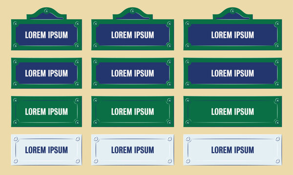 Parisian Street Signs, Name Plate Collection of Different Sizes, Paris Avenue Plate of Green, White and Blue Color. Famous City Design Details.