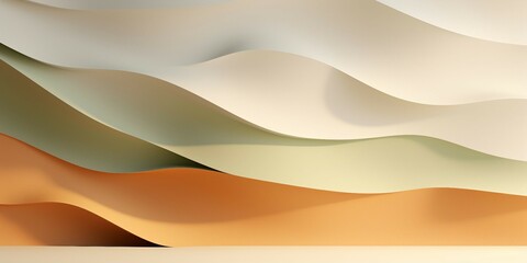 抽象背景横長テンプレート。オレンジ・ベージュ・モスグリーンの曲線的な壁と床がある空間