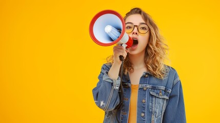 Portrait of a girl with a megaphone on a yellow background
