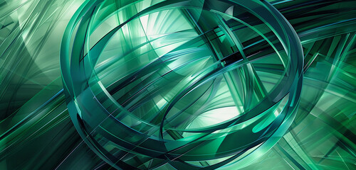 Abstract emerald green stripes intertwining with geometric circles, creating a visually dynamic and...