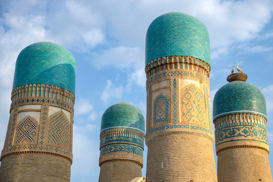 Four minarets of the Chor Minor mosque close-up. Bukhara, Uzbekistan