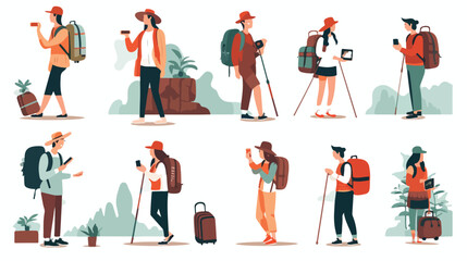 Fototapeta na wymiar Tourists and travelers characters people travel hik