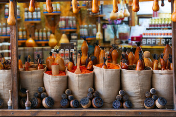 Bags full of various multicolored spices and traditional wooden saltshaker as souvenir on a market...