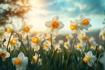 Beautiful daffodils against the background of the sky and sun. Postcard. Spring background