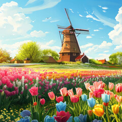 A field of multi-colored tulips against the backdrop of a windmill.
